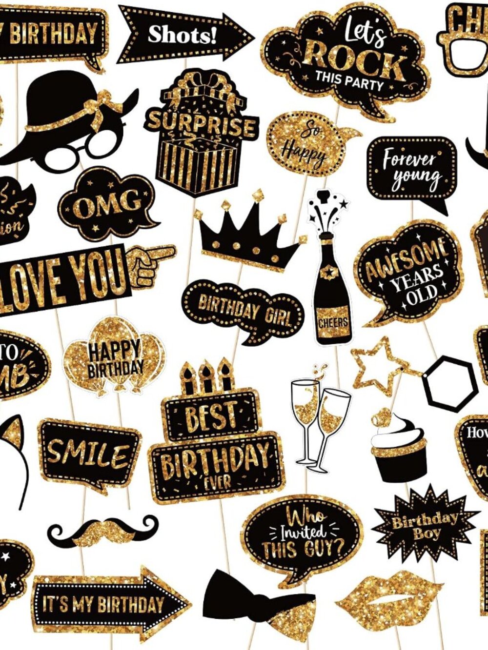 36 Pcs Birthday Photo Booth Props Party Kit,Gold and Black